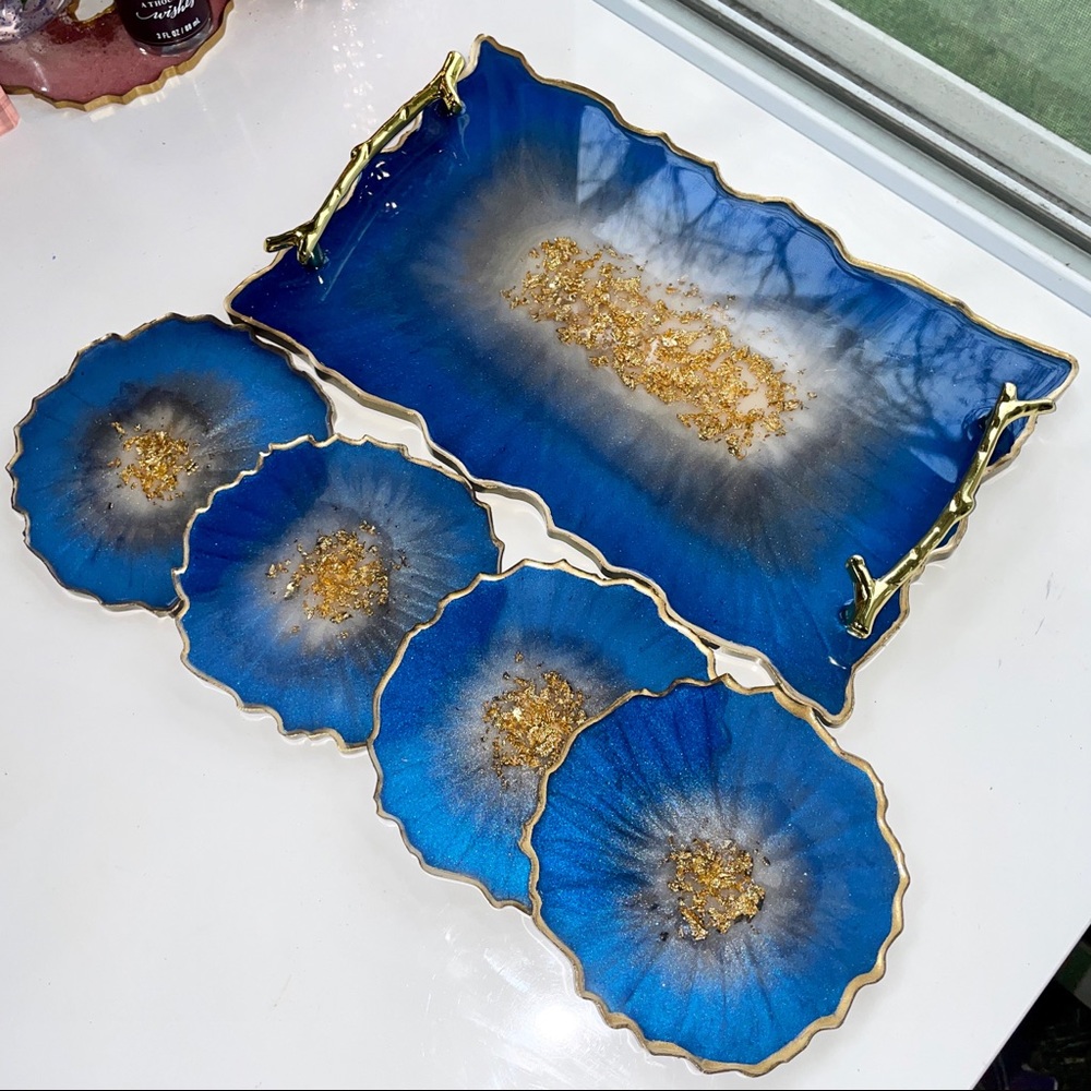 Resin Tray and Coaster Set in Sapphire Blue & Gold